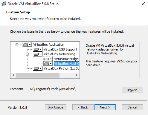 VirtualBox Install Options Custom Setup dialog