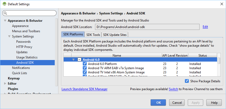 Android SDK Status in Studio