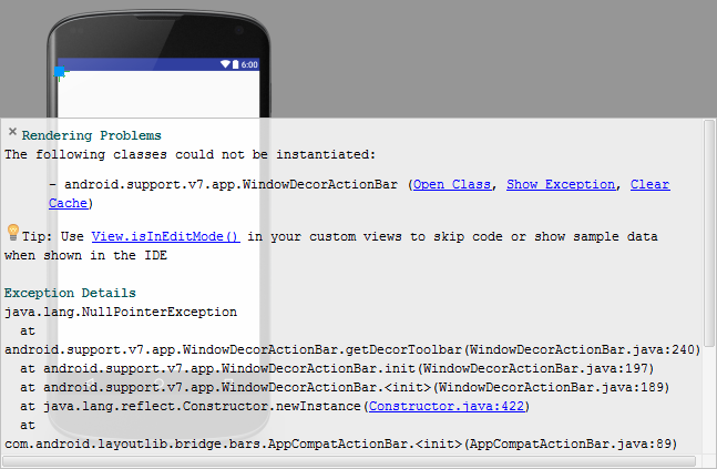Rendering Problems Error with WindowDecorActionBar