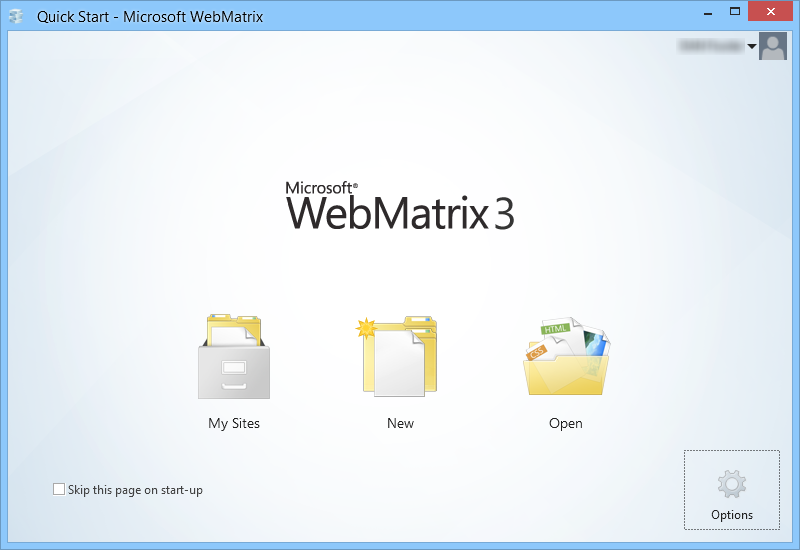 WebMatrix Start-up Screen