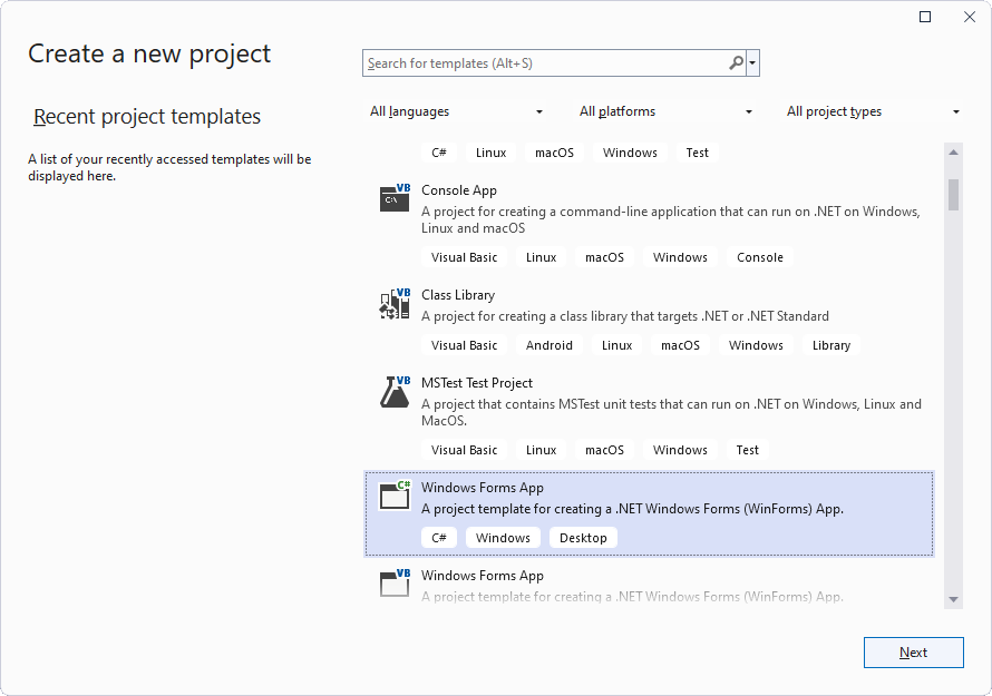 New Visual Studio WinForms Project