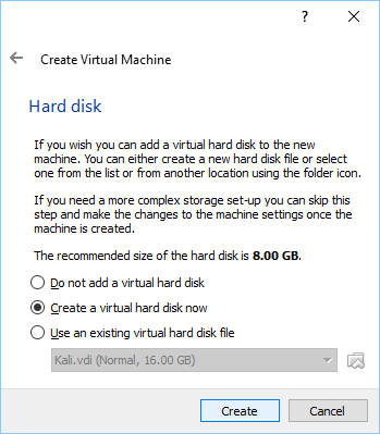 Create VM's hard disk.