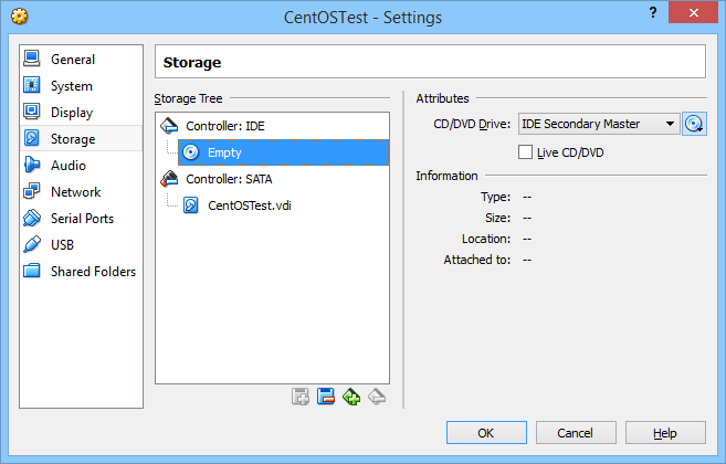 Set the CentOS ISO in VirtualBox