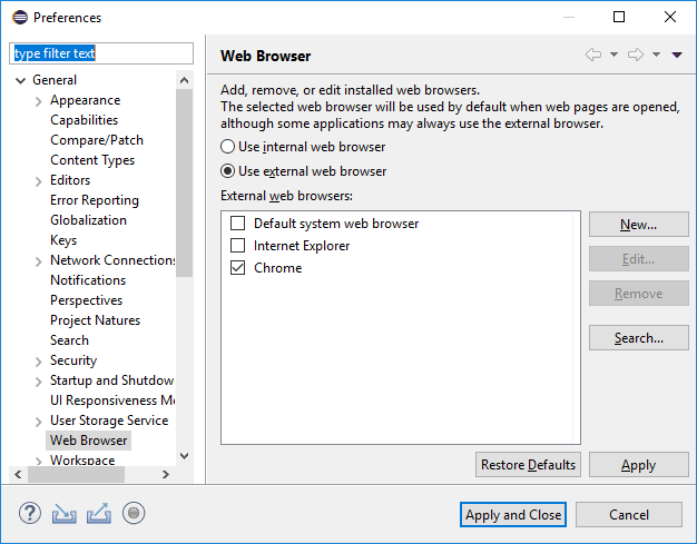 Eclipse web browser setting