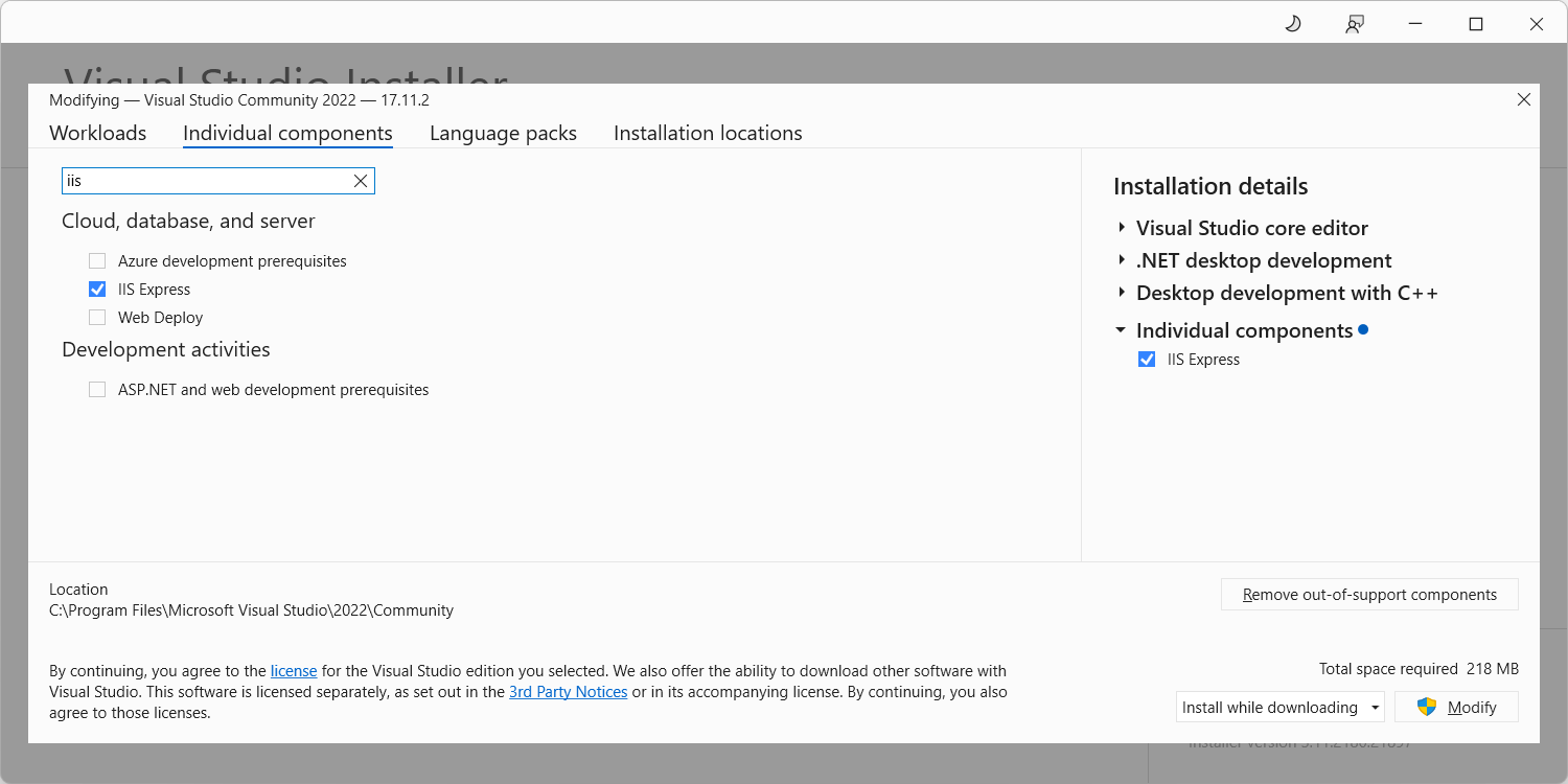 IIS Express in VS Installer